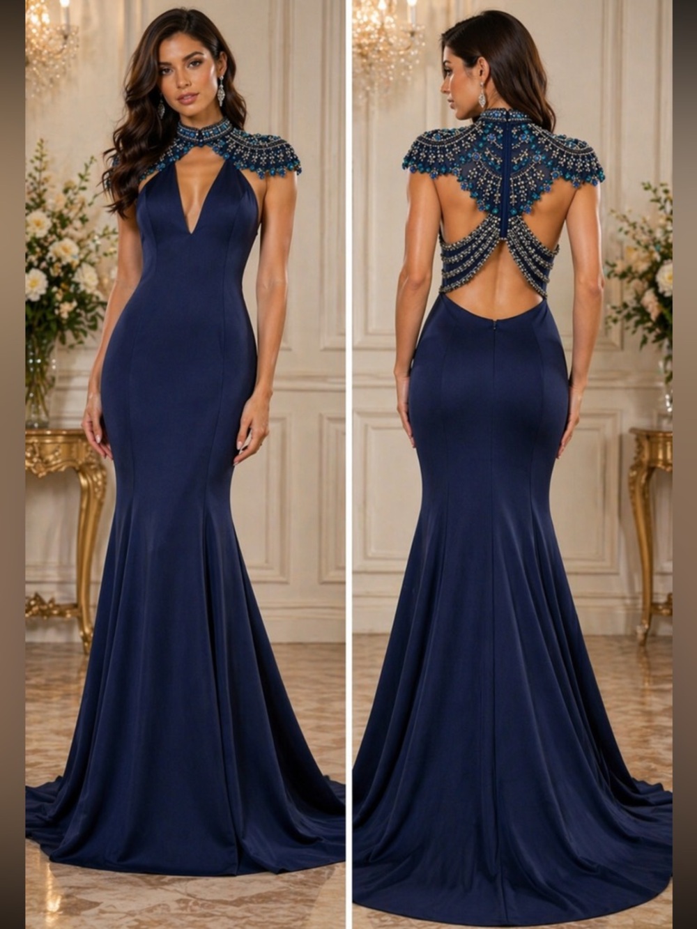 Aidan Mattox jewels neck and shoulder low back Long gown